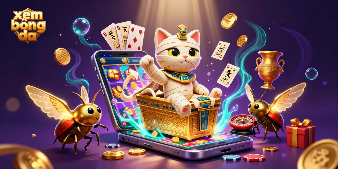 Xem bóng đá with an Egyptian mummy cat and a scarab beetle, illustrating dynamic gaming action.