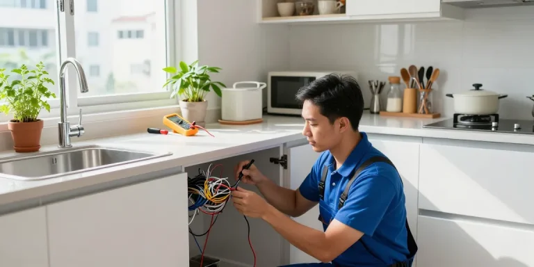 Electrician in Singapore fixing kitchen electrical wiring with tools in a bright modern kitchen.