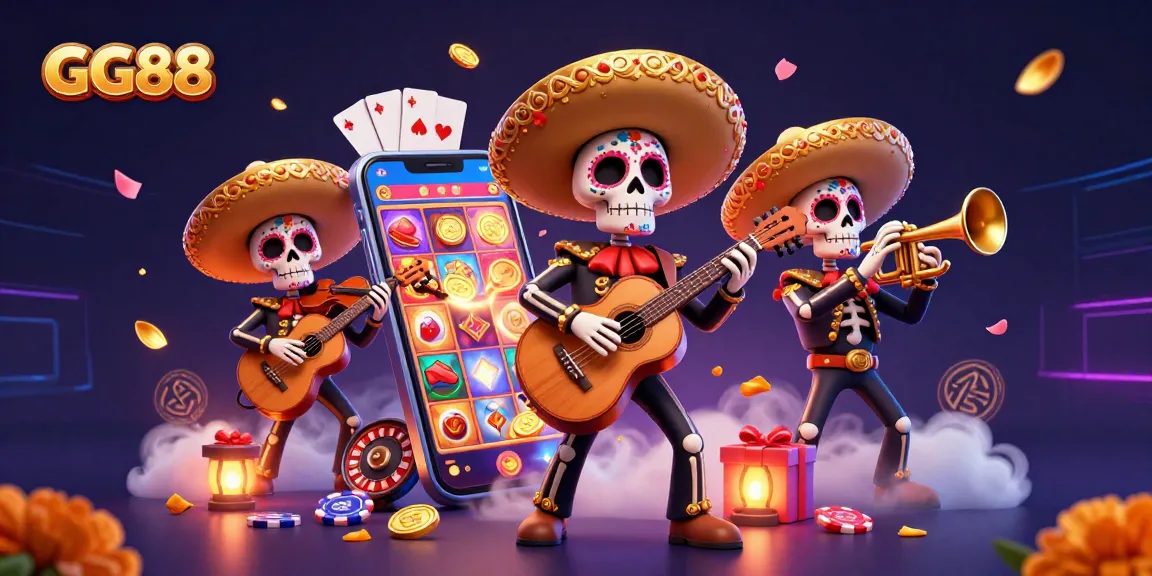 Engage in thrilling gameplay at GG88 with a vibrant mariachi band amid colorful slot games and casino elements.