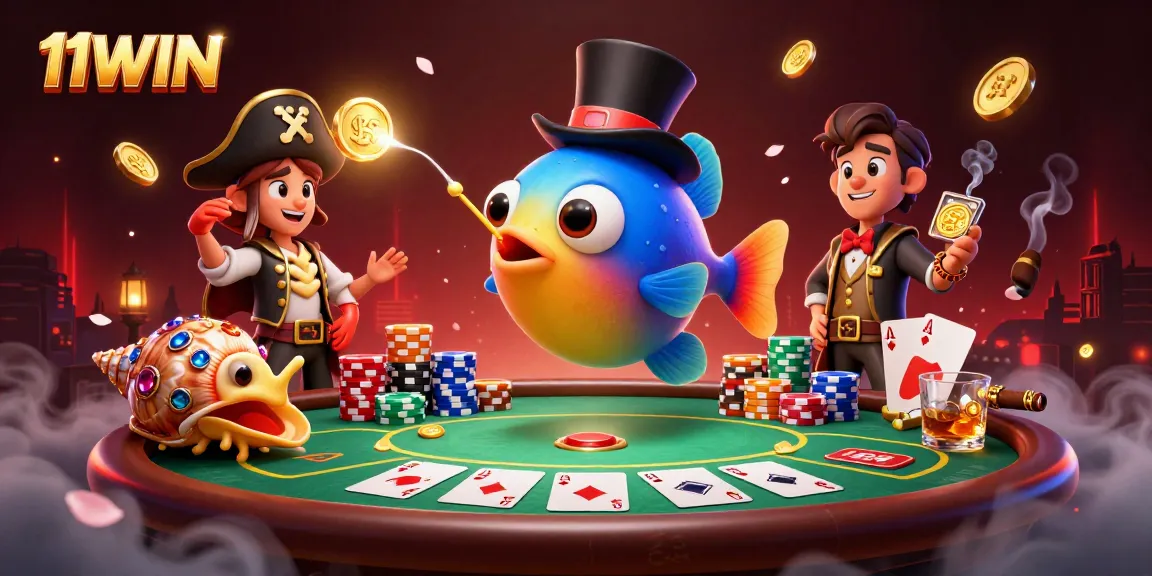 11WIN showcases a vibrant scene with a cartoon anglerfish, pirate shrimp, and gem snail at a poker table.