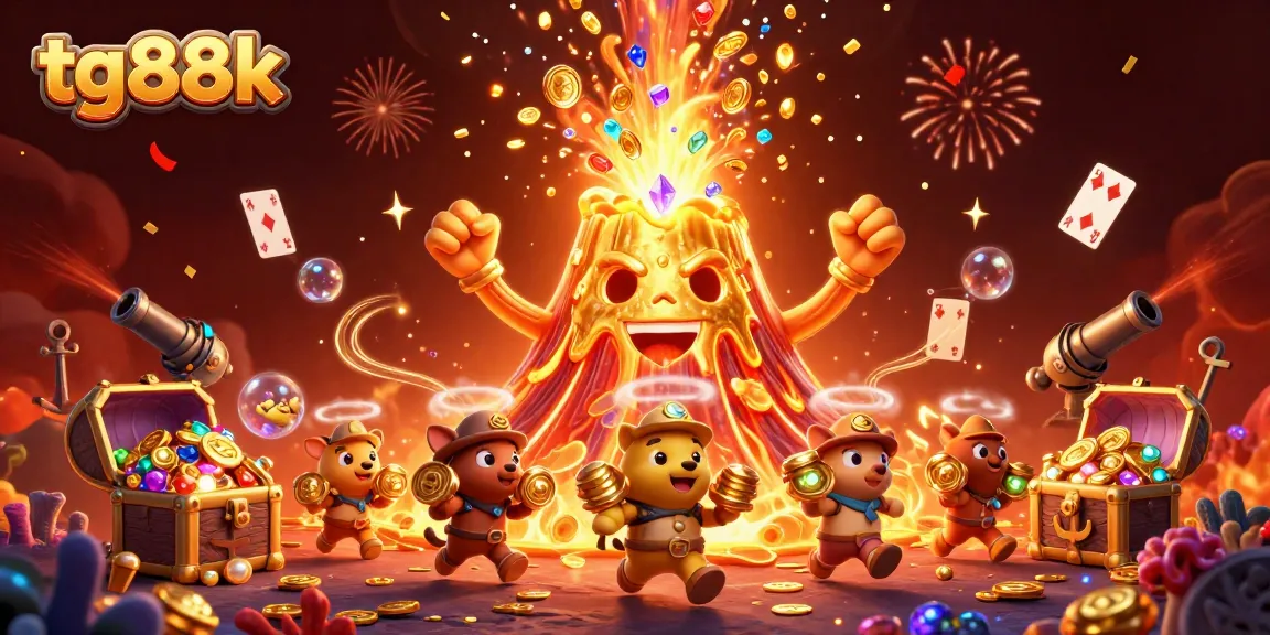 Treasure-hunting adventure at tg88k casino with joyous creatures and erupting volcano.