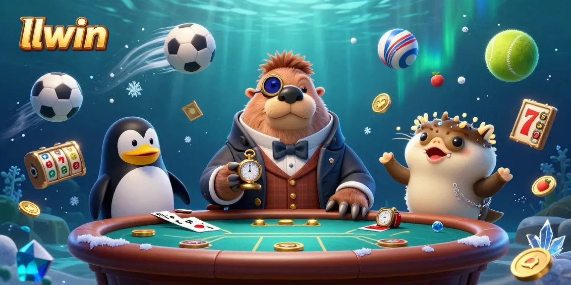 Engage with LLWIN's thrilling casino scene featuring a jolly walrus and friends playing poker underwater.