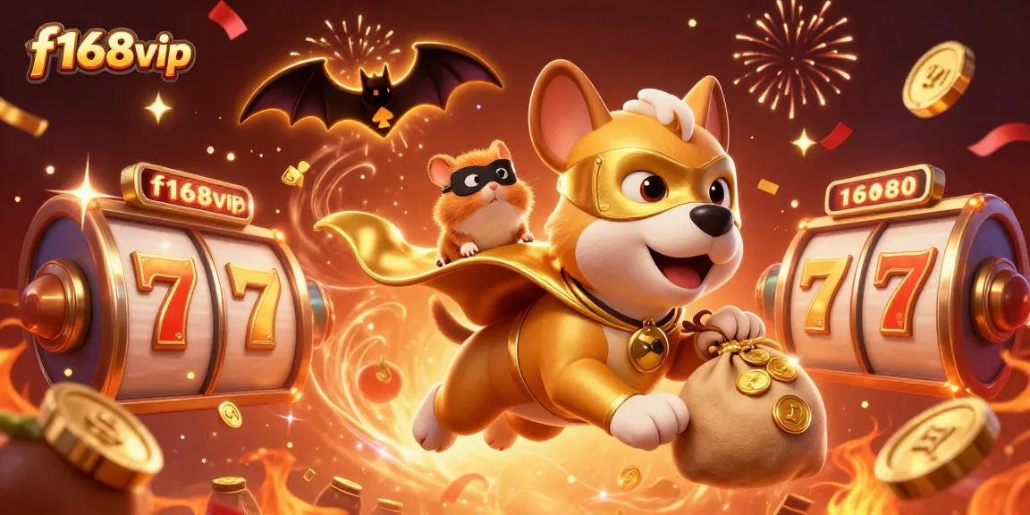 f168vip adventure with a 3D superhero dog, lucky symbols, and spinning slots for festive casino fun