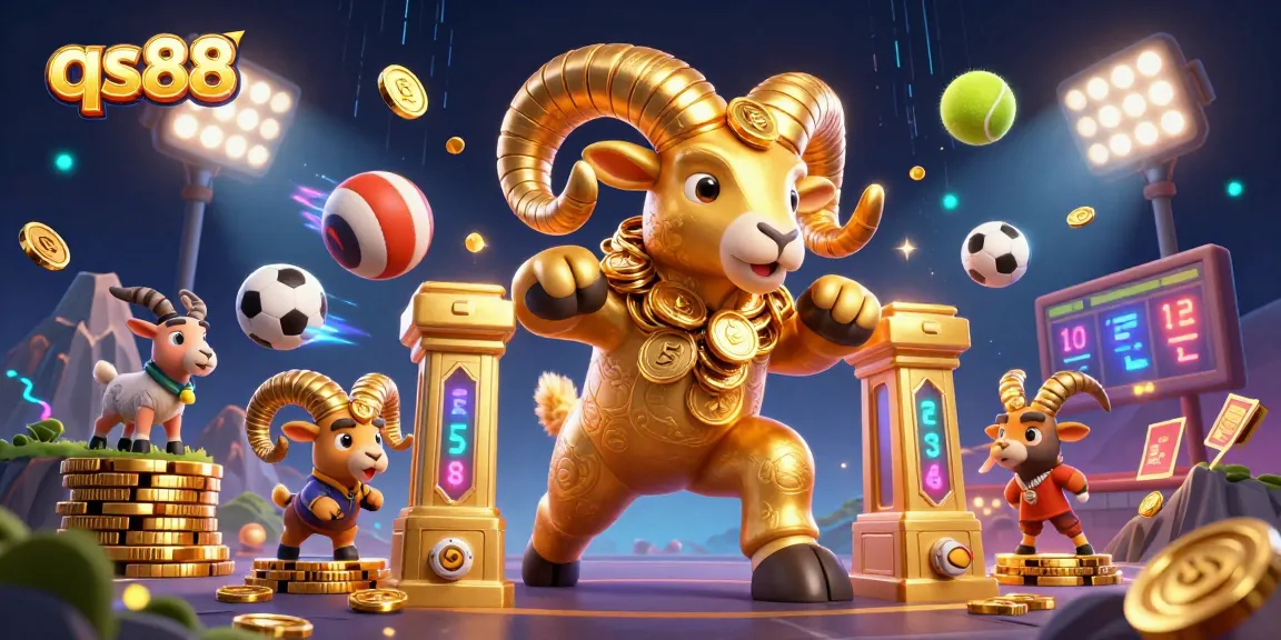 Experience qs88 thrilling gameplay with a striking golden ram charging through a dynamic sports betting scene.