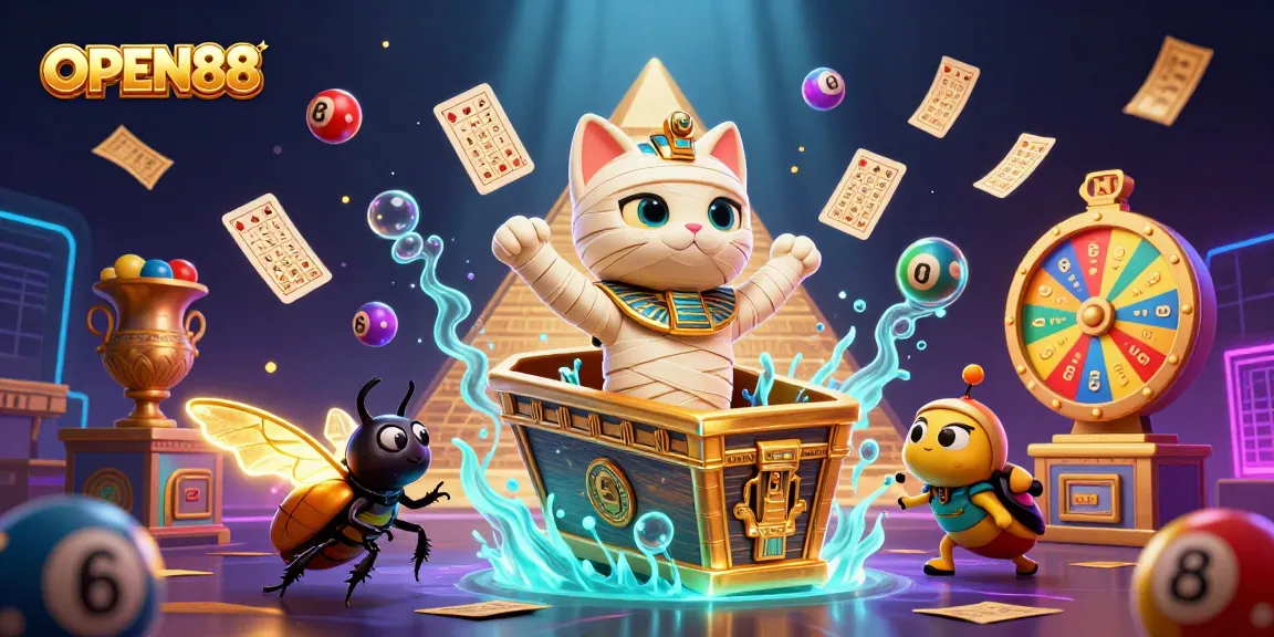 Engage with exciting gaming adventures at OPEN88, showcasing a cartoon mummy cat in a dynamic casino scene.