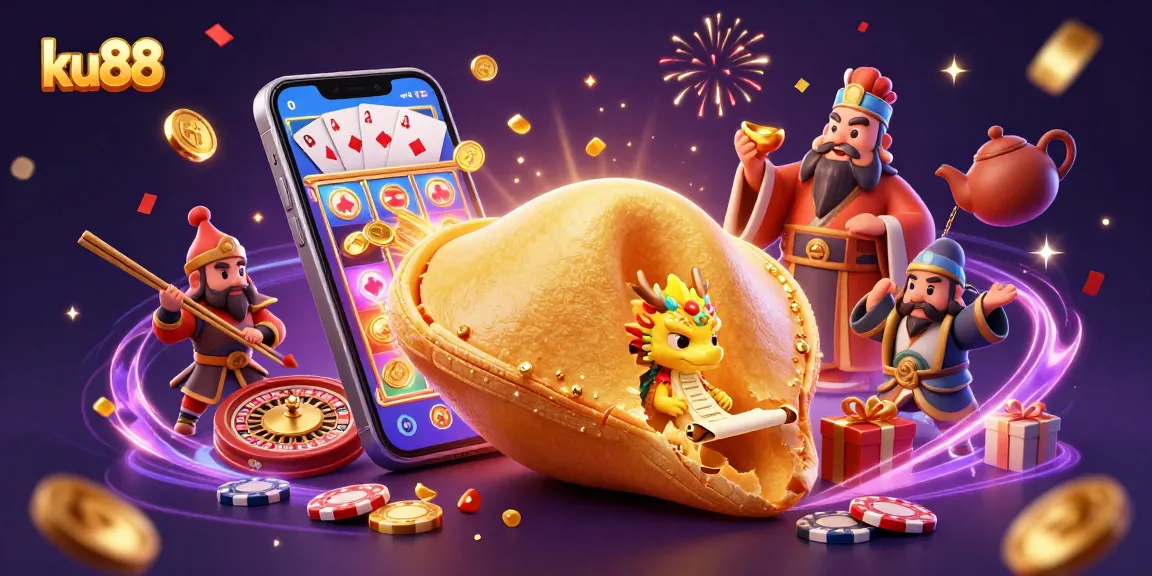Experience winning moments at ku88 with a vibrant 3D casino illustration full of slot games and gold.