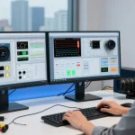Engineer adjusting settings on a programmable DC power supply in a modern tech workspace.