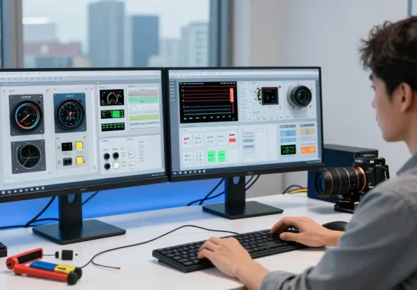 Engineer adjusting settings on a programmable DC power supply in a modern tech workspace.