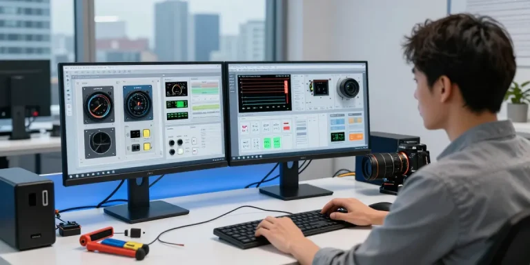 Engineer adjusting settings on a programmable DC power supply in a modern tech workspace.