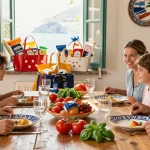 Deruta Ceramics beautifully displayed on rustic dining table during Italian family meal.