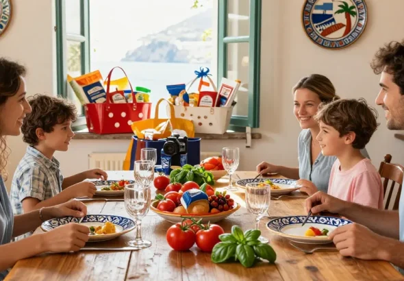 Deruta Ceramics beautifully displayed on rustic dining table during Italian family meal.