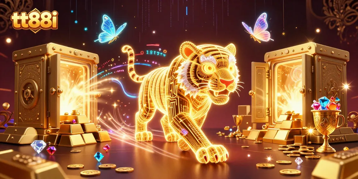Experience thrilling wins at tt88i with a glowing golden tiger in a dynamic casino landscape.