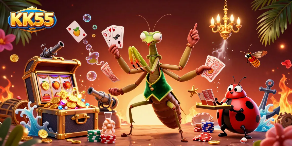 Experience thrilling gameplay at KK55 with a vibrant casino scene featuring dynamic characters and slot machines.