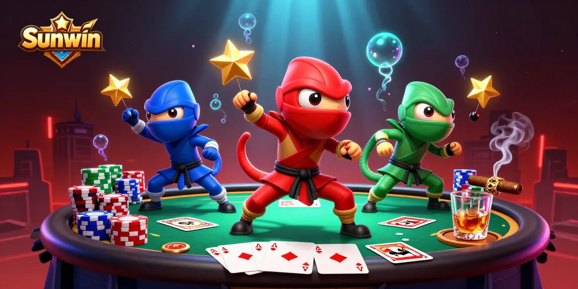 Engage in thrilling poker action with Sunwin's colorful ninja chameleons on a vibrant rooftop scene.