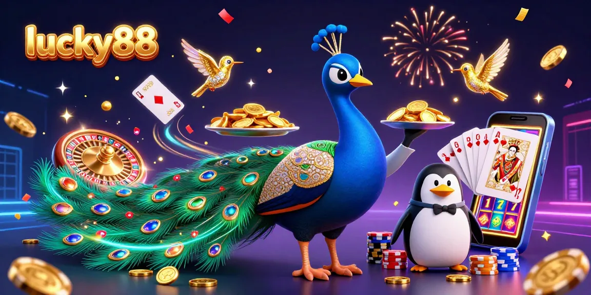 Experience the thrill of lucky88 with colorful casino characters amidst golden coins and a spinning roulette wheel.