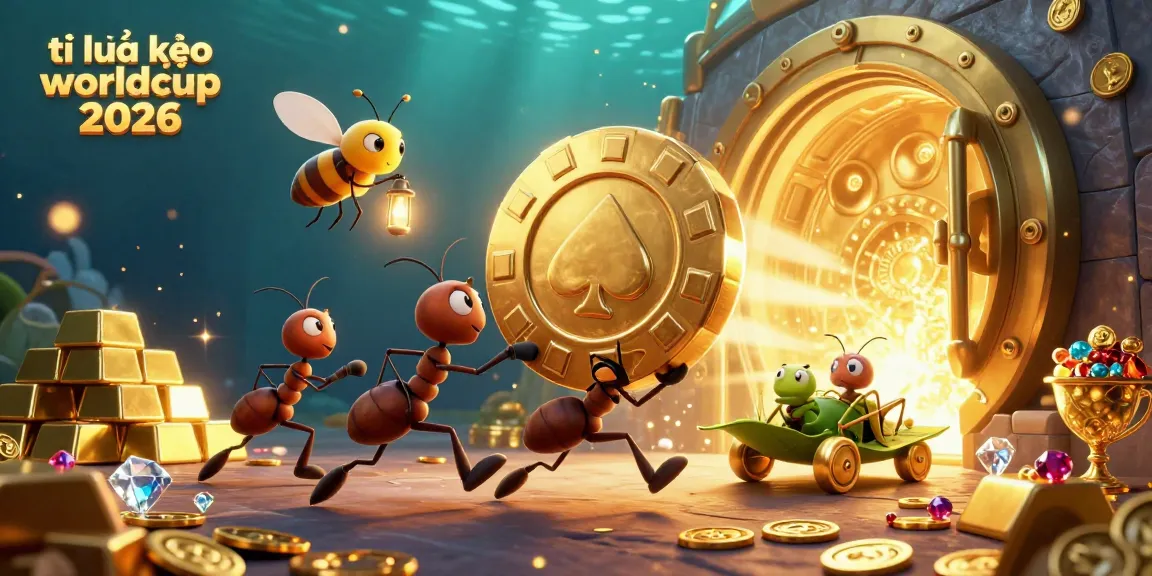 Explore tỉ lệ kèo worldcup 2026 with an adventurous heist illustration featuring playful ants, golden treasures, and gambling themes.