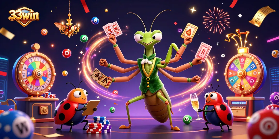 Engage in epic gambling fun with 33win as a mantis card sharp and ladybug boss create vibrant lottery magic.