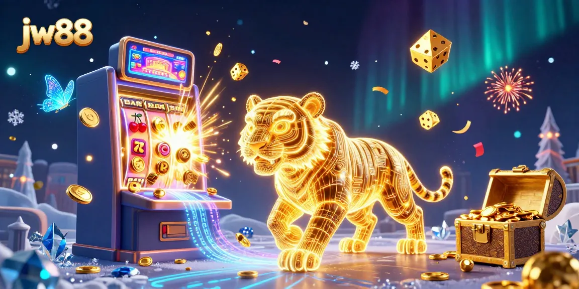 Experience thrilling entertainment at jw88 with a glowing tiger, jackpots, and exciting games in a dynamic casino scene.