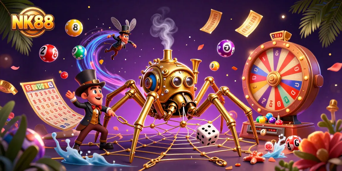 Experience thrilling gaming at NK88 with a spider capturing dice in a vibrant casino scene.