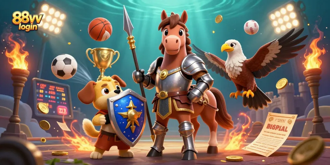 Engage with 88vv login using this vibrant casino scene featuring knights, sports, and betting elements.