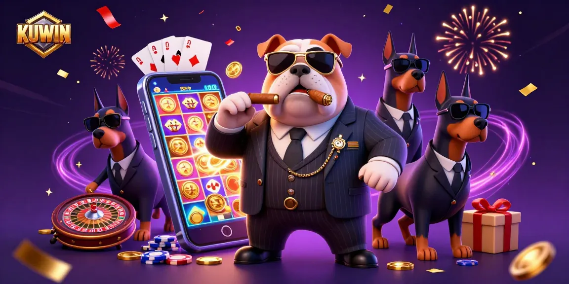 KUWIN casino illustration featuring a mafia bulldog and Doberman bodyguards celebrating big wins with slot games.