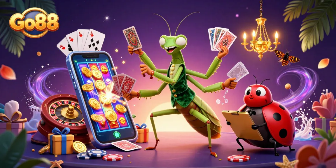 Go88 showcases a vibrant casino scene with a giant mantis card sharp dealing cards amidst a colorful slot game.