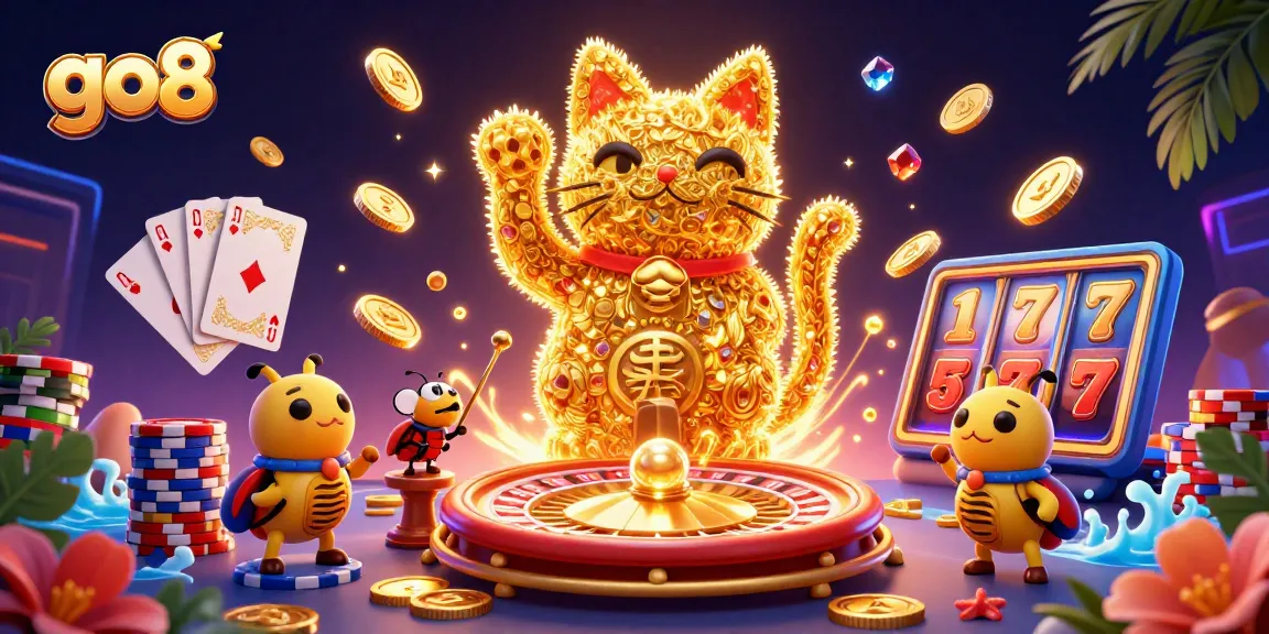 Join the fun at go8, where a giant lucky cat and vibrant casino symbols bring excitement to the gaming experience.