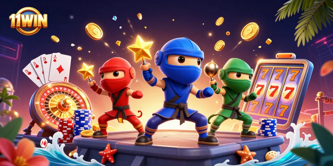 Experience the thrill of 11WIN with colorful characters and dynamic casino elements.