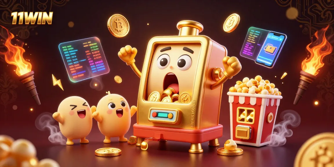 11WIN slot machine goes wild due to a jackpot, surrounded by cryptocurrency elements