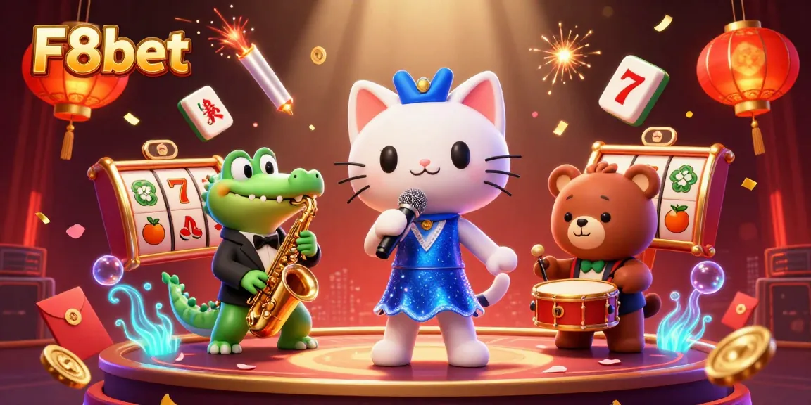 Join the fun at F8bet with a jazz-singer cat, saxophone-crocodile, and drum-bear in a vibrant casino scene!