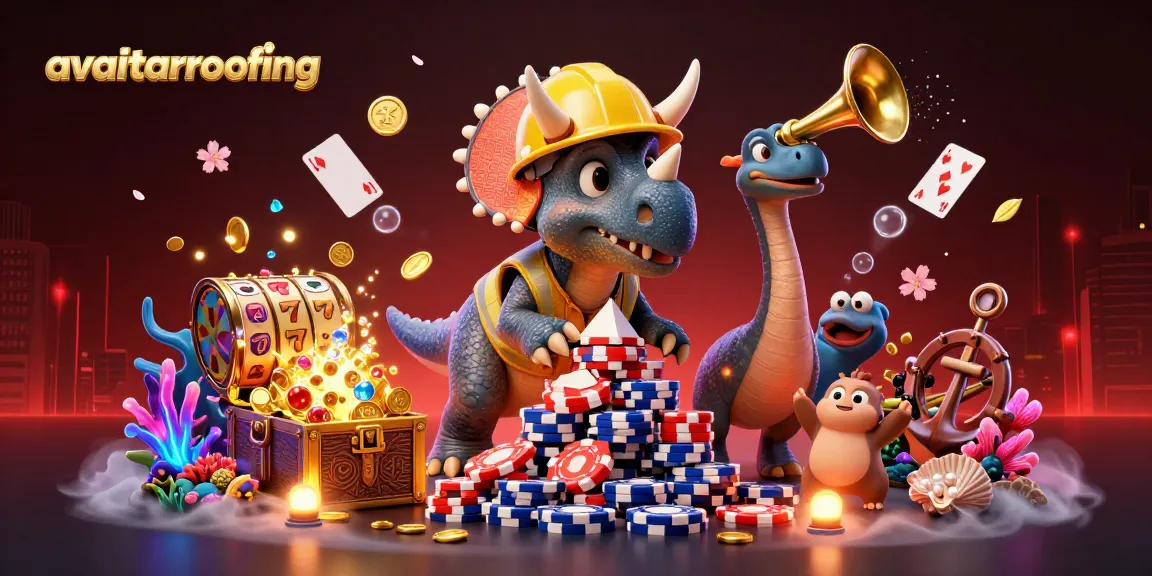 avatarroofing brings luck with a triceratops building poker chips and cheering dinos in a vibrant casino scene