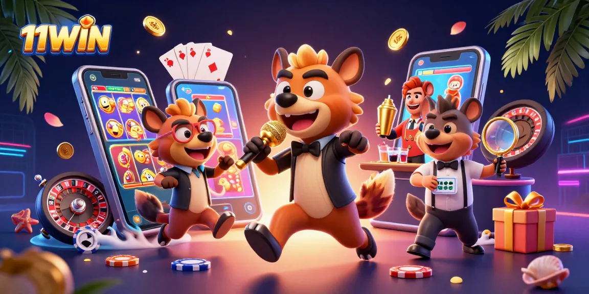 Experience 11WIN's vibrant casino atmosphere with hyenas in action, mixing drinks, and comedy.