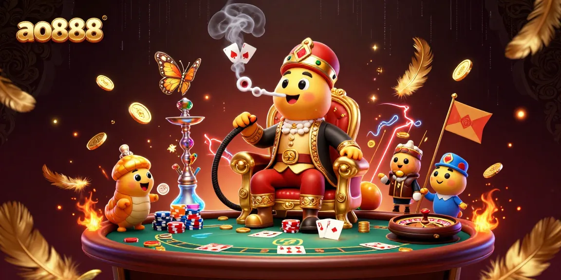 Experience the thrill of gambling with ao888’s vibrant scene of a caterpillar hookah-master in a colorful casino setting.
