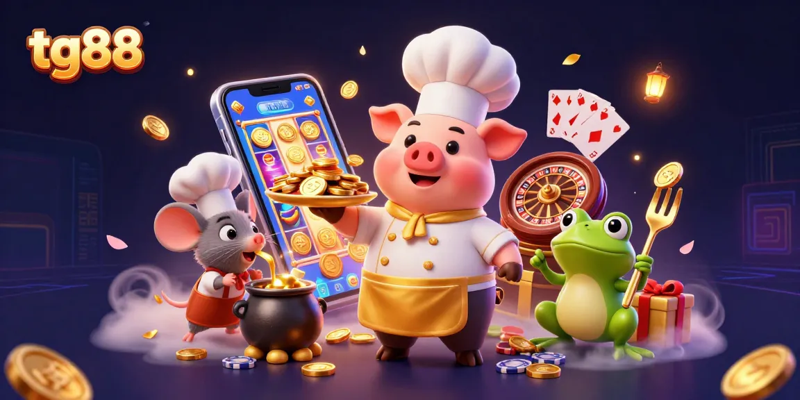 Experience winning moments at tg88 with gold coins, games, and delightful characters in this vibrant illustration.