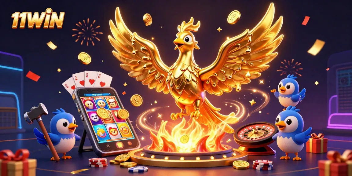 Enjoy thrilling games at 11WIN with a golden phoenix and dynamic slot visuals.