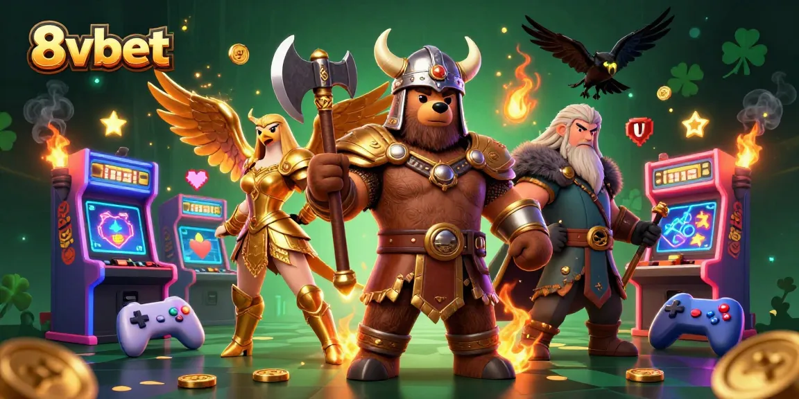 8vbet brings excitement with a Viking berserker and Valkyrie eagle in a vibrant casino scene.