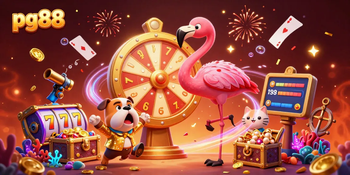 Spin to win at pg88 with vibrant characters and prizes in a lively casino atmosphere.