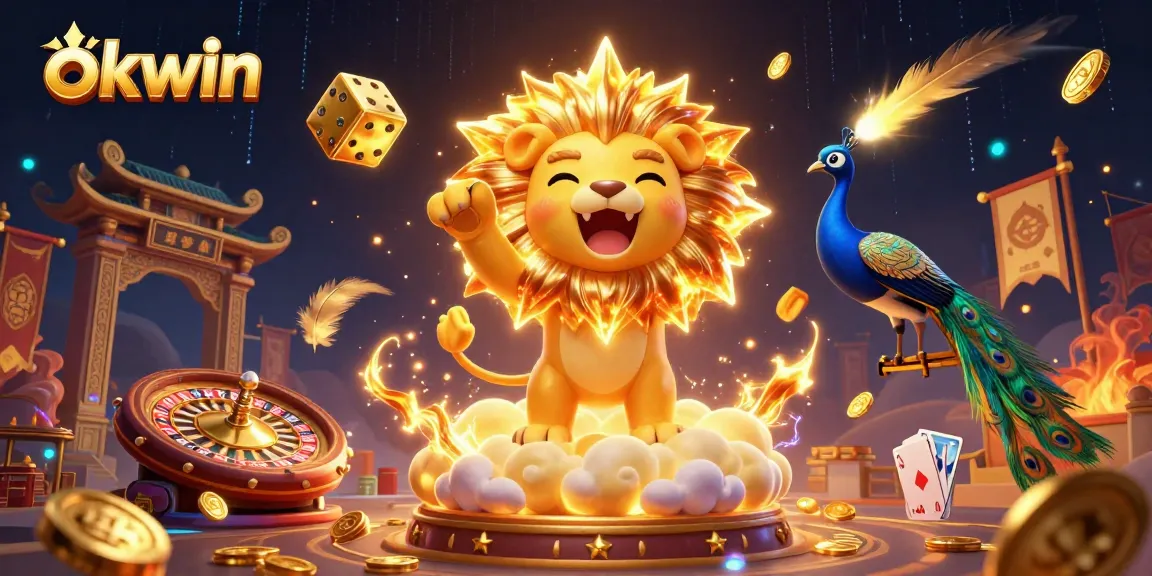 Join the thrill at okwin with vibrant casino elements and the roaring sun lion.