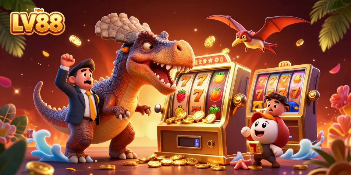 LV88 carnival scene with a pachycephalosaurus winning slot jackpots and dynamic casino action.
