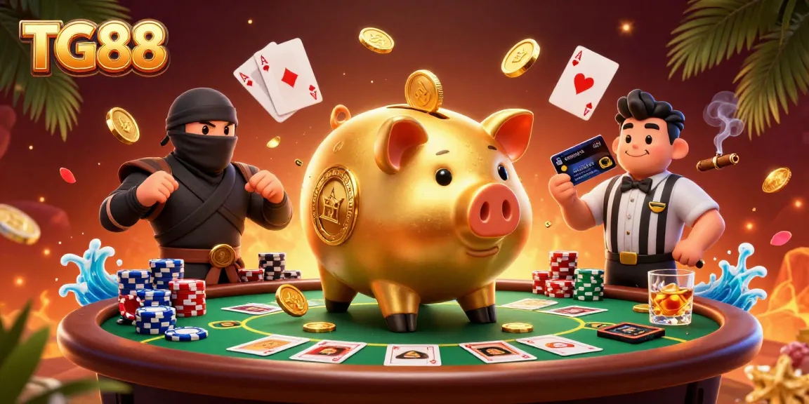 TG88 offers thrilling gambling entertainment with a cartoon piggy bank sumo wrestler shaking coins at a vibrant poker scene.