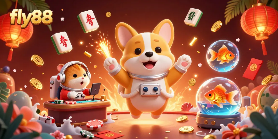 Experience immersive gaming at fly88 with a playful astronaut corgi in a vibrant space casino scene.
