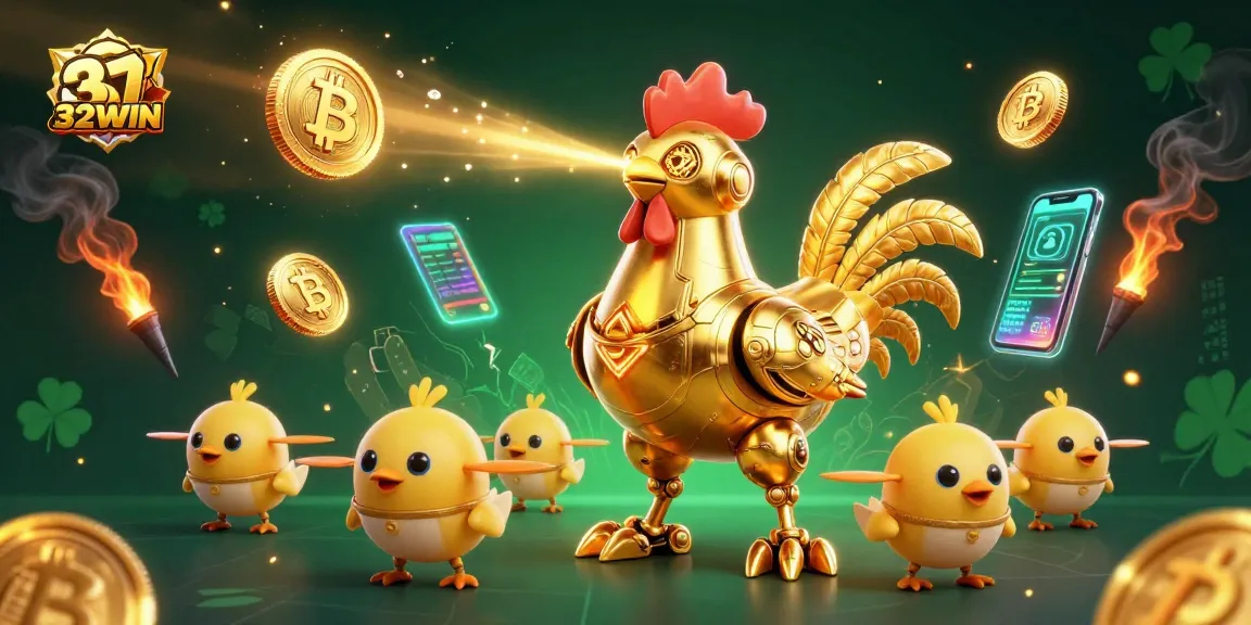 Engaging 32WIN casino illustration showcasing futuristic characters and crypto elements.