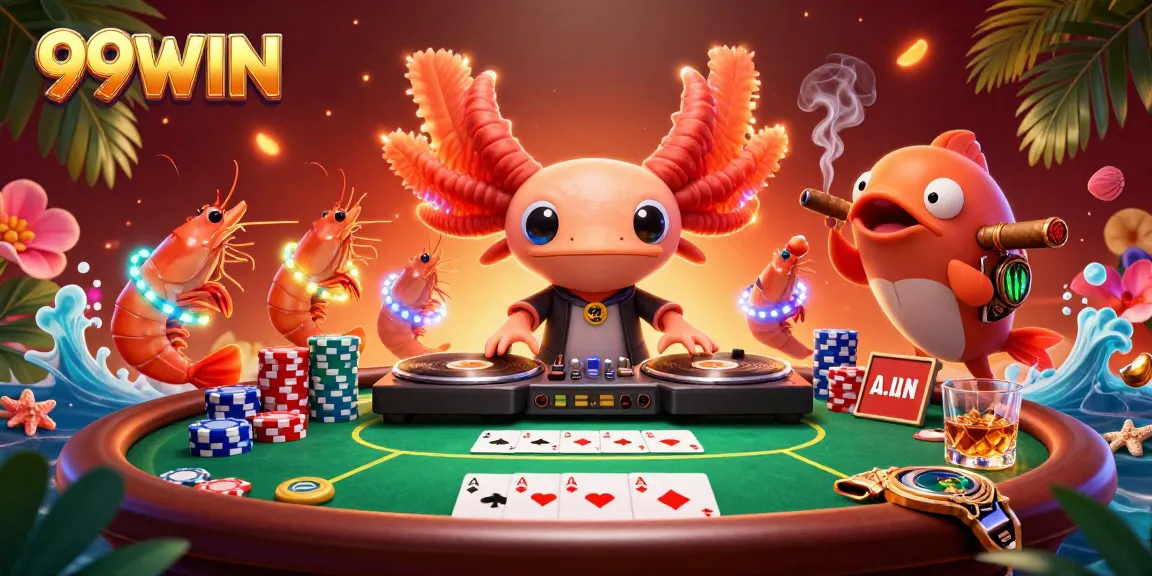 Experience the vibrant casino atmosphere at 99WIN with a colorful DJ axolotl spinning and lively gaming elements.