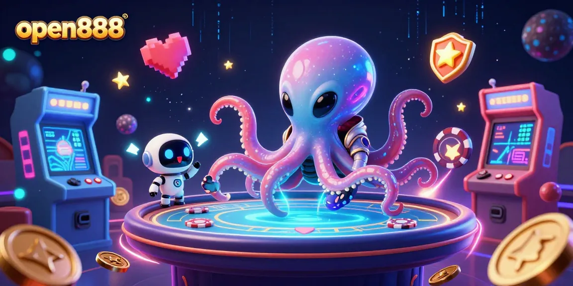 Experience thrilling gaming action with open888 at a holographic poker table, surrounded by vibrant cosmic elements.
