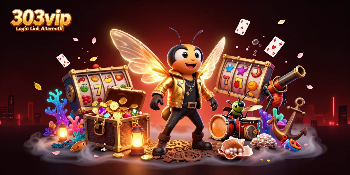 Engage with the vibrant 303vip Login Link Alternatif scene filled with colorful slots and casino treasures.