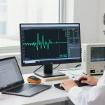 The desktop oscilloscope in use, showcasing detailed waveform analysis in a modern tech workspace.