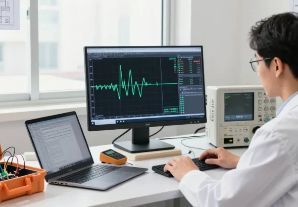 The desktop oscilloscope in use, showcasing detailed waveform analysis in a modern tech workspace.