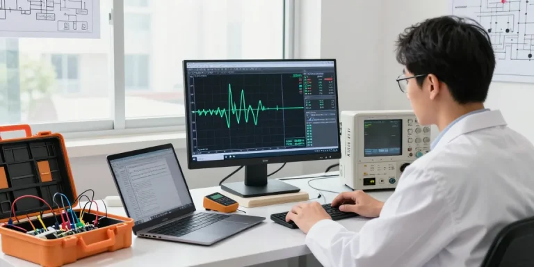 The desktop oscilloscope in use, showcasing detailed waveform analysis in a modern tech workspace.