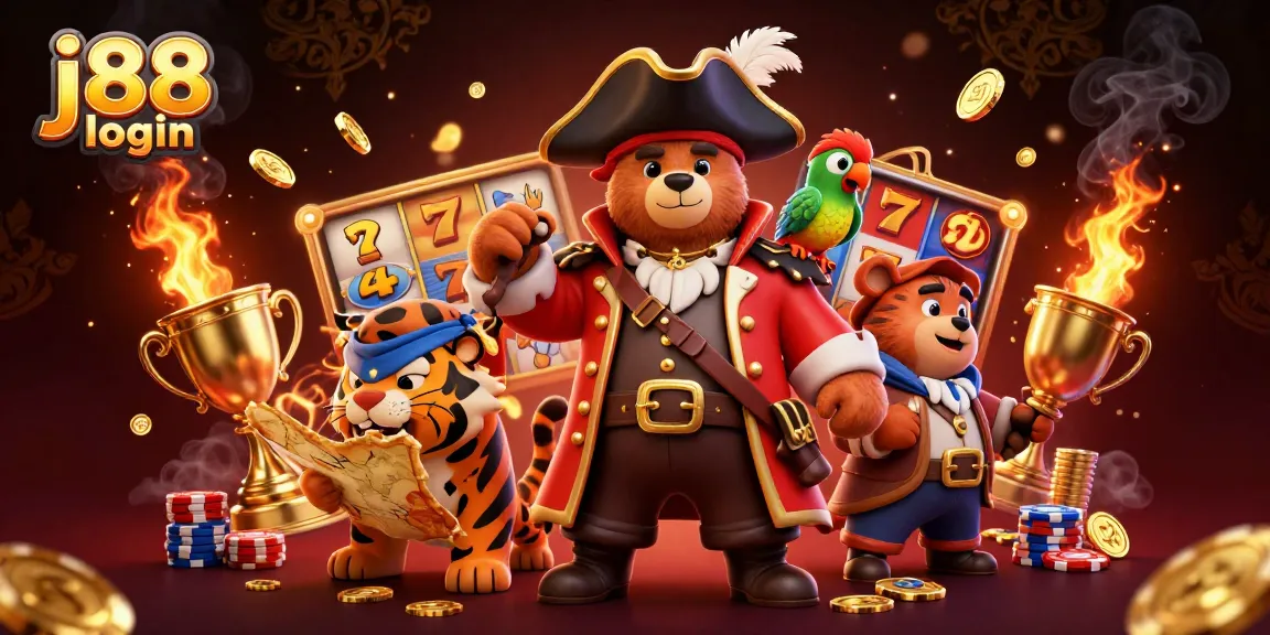 Experience the j88 login adventure with a pirate bear and treasure in this vibrant casino scene.