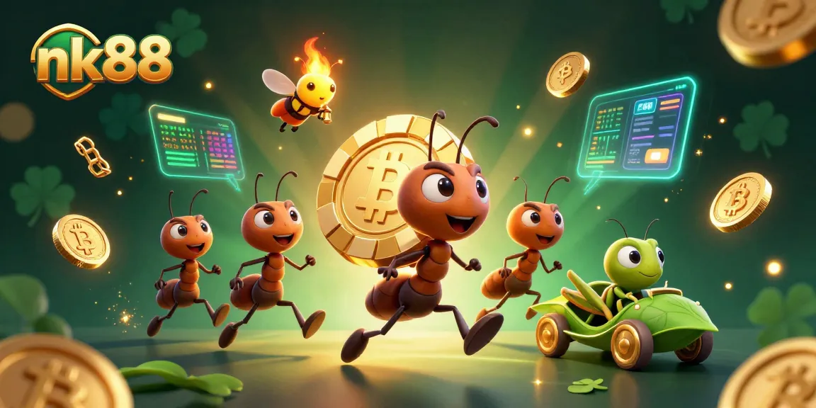 Experience thrilling heists at nk88 with ants racing for a giant poker chip amidst digital casino excitement.
